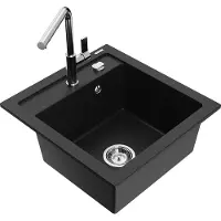 Mexen Vito granieten spoelbak 1-komerig met keukenkraan Flora, zwart - 6503-77-670401-00