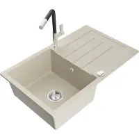 Mexen Bruno granieten gootsteen 1-komorige met afdruipvlak en keukenkraan Flora, beige - 6513-69-670401-07