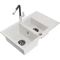 Mexen Gaspar granieten spoelbak 1,5-komorige met afdruiprek en keukenkraan Flora, wit - 6507-20-670401-07-B