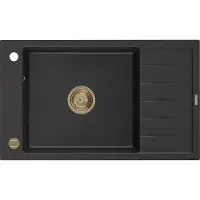 Mexen Elias granieten spoelbak 1-kompartment met druiprek 795 x 480 , zwart/zilveren metallic, gouden sifon - 6511791005-73-G
