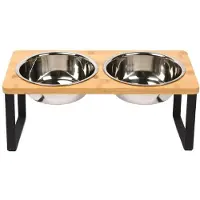 Ceruzo Dubbele Voerbak - Kleine Honden - RVS - Bamboe-Metaal Standaard -33x15x12.5 cm
