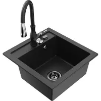 Mexen Vito granieten gootsteen 1-komors met keukenmengkraan Savita, zwart/zilver metallic - 6503-73-672601-70-B