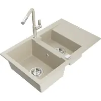 Mexen Gaspar granieten gootsteen 1,5-komorâ met afdruiprek en keukenmengkraan Flora, beige - 6507-69-670401-09