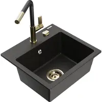 Mexen Milo granieten gootsteen 1-kompartement met keukenmengkraan Flora, zwart/gouden metallic - 6505-75-670401-57-G