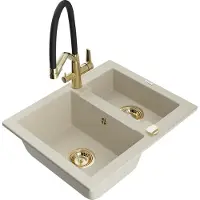 Mexen Carlos granieten gootsteen 1,5 kompartiment met Duo keukenkraan, beige - 6518-69-671701-57-G