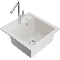 Mexen Vito 1-komorige granieten gootsteen met keukenkraan Flora, wit - 6503-20-670401-00