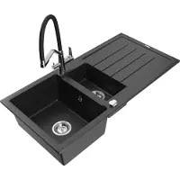 Mexen Andres granieten spoelbak 1,5-komorige met druiprek en keukenmengkraan Duo, zwart/zilver metallic - 6515-73-671701-07