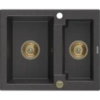 Mexen Carlos granieten gootsteen 1,5-komor 582 x 475 , zwart gespikkeld, gouden sifon - 6518581500-76-G