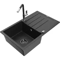 Mexen Bruno granieten spoelbak 1-kamer met afdruiprek en keukenmengkraan Flora, zwart/zilver metallic - 6513-73-670401-07-B