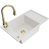Mexen Elias granieten spoelbak 1-kamer met afdruiprek en keukenmengkraan Savita, wit - 6511-20-672601-50
