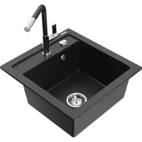 Mexen Vito granieten spoelbak 1-komerig met keukenmengkraan Flora, zwart/zilveren metallic - 6503-73-670401-07