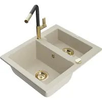 Mexen Carlos granieten spoelbak 1,5-komorige met keukenmengkraan Flora, beige - 6518-69-670401-57-G