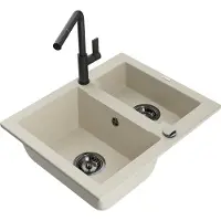 Mexen Carlos granieten spoelbak 1,5-komor met keukenkraan Flora, beige - 6518-69-670401-70-B