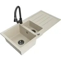 Mexen Andres granieten gootsteen met 1,5 bakken en afdruiprek en Elia keukenkraan, beige - 6515-69-670101-70