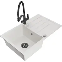 Mexen Bruno granieten gootsteen 1-kompartment met afdruiprek en Duo keukenkraan, wit - 6513-20-671701-70-B