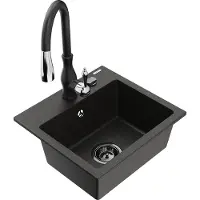 Mexen Milo granieten enkelbak gootsteen met keukenmengkraan Savita, zwart/goud metallic- 6505-75-672601-70-B