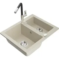 Mexen Carlos granieten spoelbak 1,5-compartiment met keukenkraan Flora, beige - 6518-69-670401-07