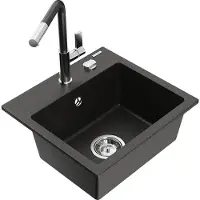 Mexen Milo granieten spoelbak met 1 kom en Flora keukenmengkraan, zwart/gouden metallic - 6505-75-670401-07