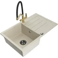 Mexen Bruno granieten spoelbak 1-kompartement met afdruipplaat en keukenmengkraan Duo, beige - 6513-69-671701-57-B