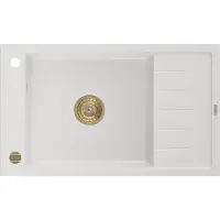 Mexen Elias granieten spoelbak met 1 bak en afdruiprek 795 x 480 , wit, gouden sifon - 6511791005-20-G