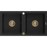 Mexen Mario granieten gootsteen 2-komorige 820 x 436 , zwart, gouden sifon - 6504822000-77-G