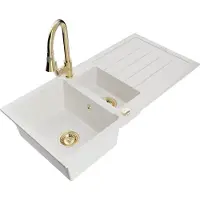 Mexen Andres granieten spoelbak 1,5-komorige met afdruiprek en keukenmengkraan Elia, wit - 6515-20-670101-50