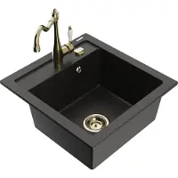 Mexen Vito granieten gootsteen 1-komor met keukenkraan Carla, zwart/gouden metallic - 6503-75-670700-50