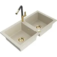 Mexen Mario granieten spoelbak 2-kamer met keukenmengkraan Flora, beige - 6504-69-670401-57-G