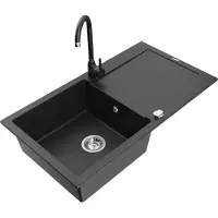 Mexen Leo granieten spoelbak 1-komers met afdruiprek en keukenmengkraan Telma, zwart/zilveren metallic - 6501-73-670200-70