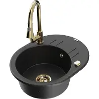 Mexen Kevin granieten gootsteen 1-komerig met afdruiprek en keukenmengkraan Elia, zwart/zilver metallic - 6517-73-670101-50
