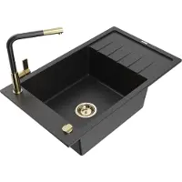 Mexen Elias granieten spoelbak met 1 bak, afdruiprek en Flora keukenmengkraan, zwart/zilver metallic - 6511-73-670401-57-G