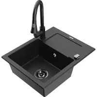 Mexen Enzo granieten spoelbak 1-komor met afdruiprek en keukenmengkraan Elia, zwart/zilver metallic - 6506-73-670101-70-B
