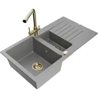Mexen Matias granieten spoelbak 1,5-kamer met afdruiprek en keukenmengkraan Duero, grijs - 6502-71-671600-50