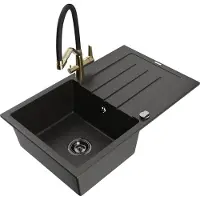 Mexen Bruno granieten spoelbak 1-komor met afdruiprek en keukenmengkraan Duo, zwart/goud metallic - 6513-75-671701-57-B