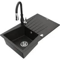 Mexen Cesar granit gootsteen met een enkele bak en afdruiprek met Savita keukenkraan, zwart/goud metallic - 6514-75-672601-70