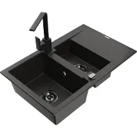 Mexen Gaspar granieten spoelbak 1,5-kamers met afdruiprek en keukenmengkraan Rita, zwart/goud - 6507-75-670300-70-B