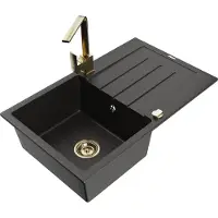 Mexen Bruno granitische spoelbak met 1 bak, druiprek en keukenmengkraan Rita, zwart/goud metallic - 6513-75-670300-50