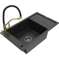 Mexen Elias granitische gootsteen met 1 kom, afdruiprek en Duo keukenkraan, zwart/zilver metallic - 6511-73-671701-57-B