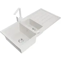 Mexen Andres granieten spoelbak 1,5-kamer met afdruiprek en keukenmengkraan Rita, wit - 6515-20-670300-20