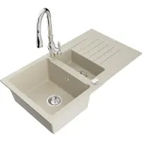 Mexen Matias granieten spoelbak 1,5-komorige met druiprek en keukenmengkraan Savita, beige - 6502-69-672601-00