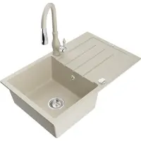 Mexen Bruno granieten gootsteen 1-komors met afdruiprek en keukenmengkraan Savita, beige - 6513-69-672601-69