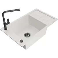 Mexen Elias granieten spoelbak 1-komor met afdruiprek en keukenkraan Flora, wit - 6511-20-670401-70-B