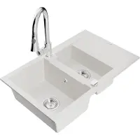 Mexen Gaspar granieten spoelbak 1,5-kamer met afdruiprek en keukenmengkraan Elia, wit - 6507-20-670101-00