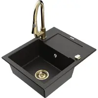 Mexen Enzo granieten gootsteen 1-komorige met afdruiprek en keukenkraan Elia, zwart/gouden metallic - 6506-75-670101-50