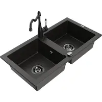 Mexen Mario granieten gootsteen met 2 koen met keukenmengkraan Carla, zwart/goud metallic - 6504-75-670700-70-B