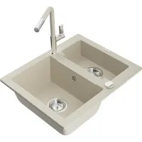 Mexen Carlos granieten gootsteen 1,5-komor met keukenmengkraan Flora, beige - 6518-69-670401-09