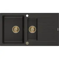 Mexen Matias granieten spoelbak met 1,5 bak en afdruiprek 900 x 505 , zwart/goud metallic, gouden sifon - 6502901505-75-G