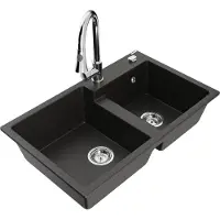 Mexen Tomas granieten gootsteen, 2-komoren, met keukenmengkraan Elia, zwart/goud metallic - 6516-75-670101-00