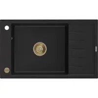 Mexen Elias granieten spoelbak 1-kamer met afdruiprek 795 x 480 , zwart, gouden sifon - 6511791005-77-G