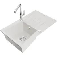 Mexen Cesar granieten gootsteen 1-kompartment met afdruiprek en keukenkraan Flora, wit - 6514-20-670401-00